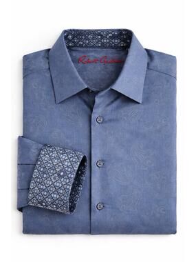 Robert Graham Button Up Shirt Mens Large Blue Paisley Flip Cuff Egyptian Cotton